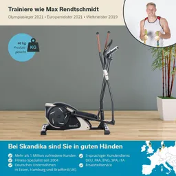 Ellipsentrainer von Skandika auf Holzboden vor grauer Wand, mit Informationen über Gewicht und Unternehmensvorteile.