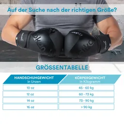Schwarze Boxhandschuhe werden von einer Person, die ein graues T-Shirt trägt, gehalten. Im Hintergrund ist ein industrieller Raum erkennbar. Eine Größentabelle für Boxhandschuhe zeigt Gewichte in Unzen und das jeweilige Körpergewicht in Kilogramm an.