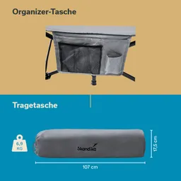 Organizer-Tasche mit Netzfächern unter einem Tisch und Tragetasche in grauer Farbe mit den Maßen 107 cm x 17,5 cm.