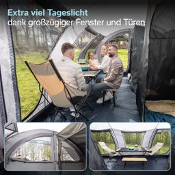 Zeltinneneinrichtung mit Tisch und Stühlen diverse Fenster und Türen sorgen für Tageslicht. Im Hintergrund Wiese und Bäume.