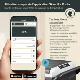 Smartphone zeigt die Skandika Routa-App zur Temperaturregelung von Kühlschrank und Gefrierfach. Funktionen und Einstellungen sind sichtbar.