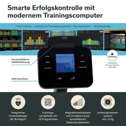 Trainingscomputer mit Display, Tablethalterung, USB-Anschluss und Funktionen wie Pulsüberwachung und diverse Trainingsprogramme.
