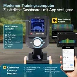 Moderer Trainingscomputer mit LCD-Display zeigt verschiedene Trainingsdaten und App-Integration, im Hintergrund Waldszene.