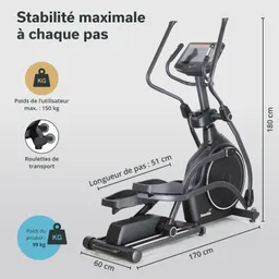 Ellipsentrainer mit digitalen Anzeigen und Fußablagen. Maße: 180 cm hoch, 170 cm lang, 60 cm breit. Max. Nutzergewicht: 150 kg.