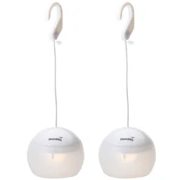 Zwei hängende LED-Lampen mit abgerundeter Form und einem weißen Haken, der zum Aufhängen dient.