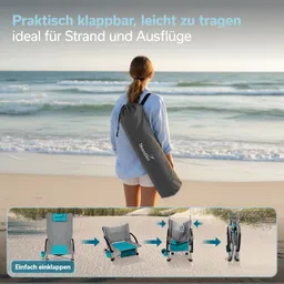 Person mit einem grauen Sack, der einen Klappstuhl hält, steht am Strand. Im Vordergrund eine Anleitung zur Nutzung des Stuhls.