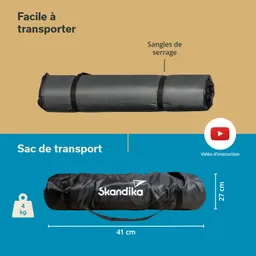 Transporttasche in zwei Ansichten. Oben: graue Tasche mit Gurten. Unten: schwarze Tasche mit Logo, Maße und Gewicht von 4 kg.
