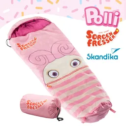 Schlafsack in pink mit einem Gesicht und Streifenmuster, daneben ein passender Aufbewahrungsbeutel.