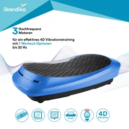 Vibrationsplatte in Blau mit rutschfester Oberfläche, Informationen zu 4D Vibrationstraining und Workout-Optionen.
