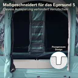 Zeltöffnung mit einer Treppe, die durch eine Aussparung gesichert ist. Sichtbares Innenzelt mit grauem Boden und texturierten Mustern.