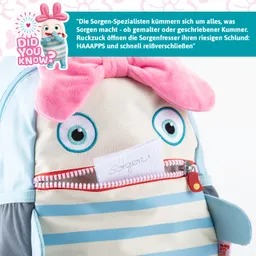 Rucksack mit Tiermotiven in blauen Streifen. Zipper geöffnet, handgeschriebene Notiz mit dem Wort „Sorgen“ sichtbar.