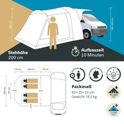 Zelt mit den Maßen 200 cm Stehhöhe, angelehnt an ein Fahrzeug. Maße und Eigenschaften wie Packgröße und Gewicht angegeben.