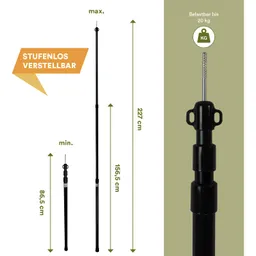 Verstellbarer, schwarzer Stativ mit zwei Höhenangaben: maximal 227 cm und minimal 86,5 cm. Belastbar bis 20 kg.