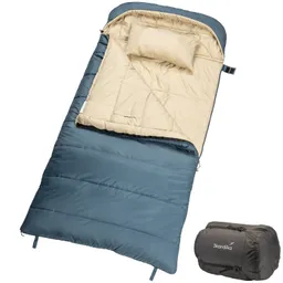 Blaue Schlafsack mit beige-farbenem Innenfutter und Kissen. Rechts daneben ein komprimierter Schlafsack in schwarzer Tasche.