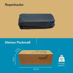 Regenhaube in dunkler Farbe oben, darunter eine braune Verpackung mit den Maßen 30 cm x 11 cm x 11 cm und dem Gewicht 600 g.