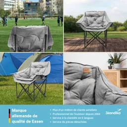Grauer Campingstuhl auf einem Holzdeck, umgeben von Wiese und Zelten. Bilder zeigen den Stuhl in verschiedenen Umgebungen.