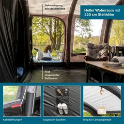 Zeltinnensicht mit Moskitonetz, Sitzbereichen und Organiser-Taschen. Draußen Bäume und Wasser sichtbar.