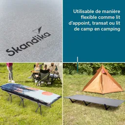 Eine graue Fläche mit dem Logo „Skandika“ oben links. Unten links ist ein Feldbett mit einem bunten Bezug zu sehen. Unten rechts steht ein weiteres Feldbett auf dem Boden. Oben rechts befindet sich ein Textfeld mit Informationen zur Nutzung.