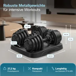 Gym-Gewichte auf einer Ablage. Zwei dicke Kurzhanteln in Schwarz, umgeben von Maßen und Produktdetails in einem Wohnbereich.