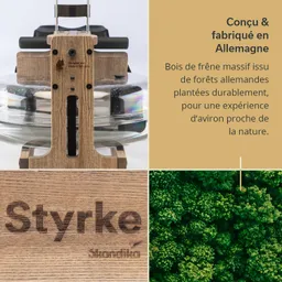 Holzgerät aus massiven Eschenholz mit einem Wassertank und dem Logo „Styrke“. Im Hintergrund Waldansicht.