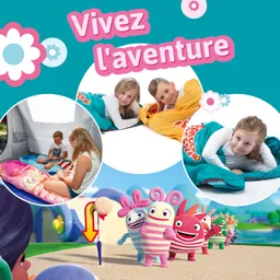 Bunte Collage mit Kindern in Schlafsäcken, einer Spielszene im Zelt und bunten, cartoonartigen Figuren auf einem Spielplatz.