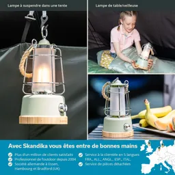 Tisch- und Hängeleuchte in verschiedenen Szenen eine Person hält die Lampe in einem Zelt, Ansicht der Lampe auf einem Tisch neben Bananen.
