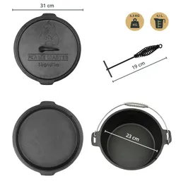 Eisenpfanne mit Deckel und Griff, Maße: 31 cm Durchmesser, 5,1 l Volumen, 5,3 kg Gewicht. Zubehör: Rührstab.