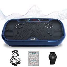 Vibrationsplatte in Blau mit Bedienfeld, umgeben von einem Paar Trainingsbändern, einer Anleitung und einer Uhr.