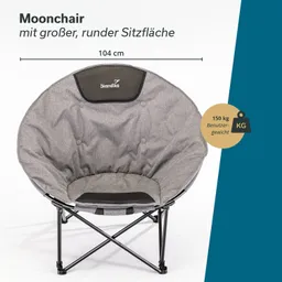 Runder, grauer Moonchair mit großen Sitzflächen. Maße: 104 cm. Maximale Tragfähigkeit: 150 kg.
