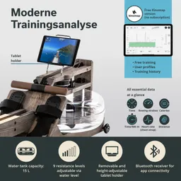 Rudergerät mit einem transparenten Wassertank, Tablet-Halter und Datenanzeigen. Einstellungen für Widerstand und Trainingsanalysen.