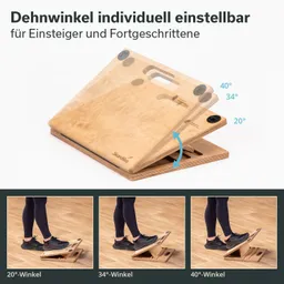 Holzplatte mit verstellbaren Dehnwinkeln (20°, 34°, 40°) in drei Positionen, verwendet mit Füßen in Sportbekleidung.