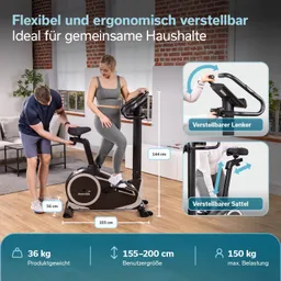 Ergometer mit gepolstertem Sitz, verstellbarer Sitzhöhe und Pedalen, Maße: 103 cm x 144 cm. Hinweise zur Anpassung.