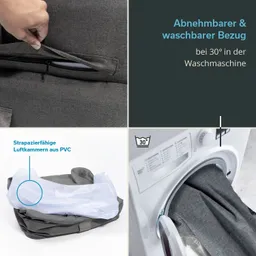 Grauer Bezug mit Reißverschluss wird auf einer Waschmaschine angezeigt. Informationen zu waschbarem Bezug und PVC-Luftkammern.