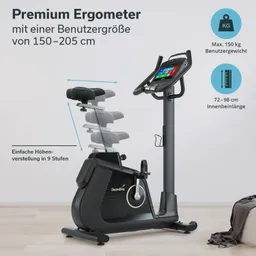 Premium Ergometer mit verstellbarem Sitz und Bedienpanel. Maximalgewicht 150 kg, für Benutzergrößen 150-205 cm, Innenbeinlänge 72-98 cm.
