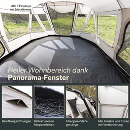 Zeltinnere mit modernen Panorama-Fenstern, flexiblen Eingängen, Belüftungsöffnungen und stabilen Gestängen.
