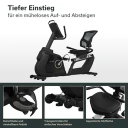 Ergometer mit tiefem Einstieg, verstellbaren Pedalen und gepolsterter Sitzfläche. Transportrollen für Mobilität.