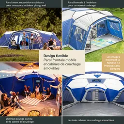 Vier Bilder einer blauen Zeltkonstruktion zeigen verschiedene Innen- und Außenansichten sowie flexible Gestaltungsmöglichkeiten.