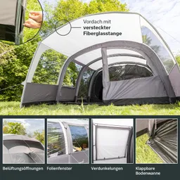Zelt mit grauen und weißen Elementen, großen Fenstern und einem Vordach. Verschiedene Details und Funktionen sind abgebildet.