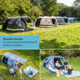 Verschiedene Zeltmodelle in den Farben Schwarz, Grau und Beige auf einer Wiese. Personen sitzen entspannt vor den Zelten.