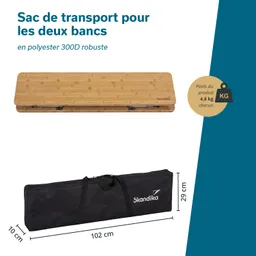 Transporttasche für zwei Bänke aus robustem Polyester mit Maßen 102 cm x 29 cm x 10 cm. Oben eine Holzplatte, unten die Tasche.