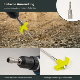 Akku-Schraubadapter mit 13 mm Stecknuss auf einem Untergrund aus Erde und Kies, sowie eine Nahaufnahme des Adapters.