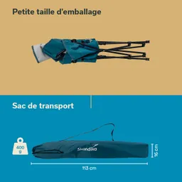 Faltbarer Transportbeutel in blau mit Angaben zur Größe und Gewicht. Oben sieht man das zusammengeklappte Produkt.