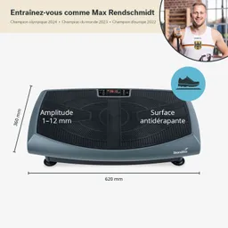 Vibrationsplatte in grauer Farbe mit rutschfester Oberfläche. Maße: 620 mm x 360 mm. Display mit Zeitangabe sichtbar.