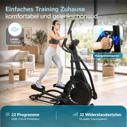 Person trainiert auf einem Ellipsentrainer in einem hellen Raum mit Fenstern. Grafiken zeigen Programme und Funktionen.