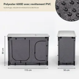 Faltbarer Tisch mit grauem Stoff und Metalldeckel, Maßen 115 cm x 80 cm x 50 cm. PVC-beschichtet.