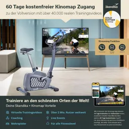 Ein Fitnessgerät steht vor einem Fernseher, auf dem Trainingsvideos angezeigt werden. Dazu Informationen zu einem kostenfreien Zugang und Funktionen.