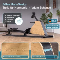 Rudergerät in Holz-Design auf einem Holzboden, beschriftet mit Produktinformationen und Symbolen zur Nachhaltigkeit.