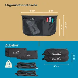 Schwarze Organisationstasche mit Fächern, integriertem Maßstab und Zubehörteilen, darunter Taschen und Stangen.