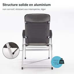 Faltstuhl aus Aluminium mit grauem Bezug, sichtbar von hinten, und Detailansicht des Gestells in einem Kreis. Gewicht 5,1 kg.