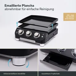 Plancha mit abnehmbarem Grillbereich, drei Bedienelementen, höhenverstellbaren Füßen und einer herausziehbaren Tropfschale.